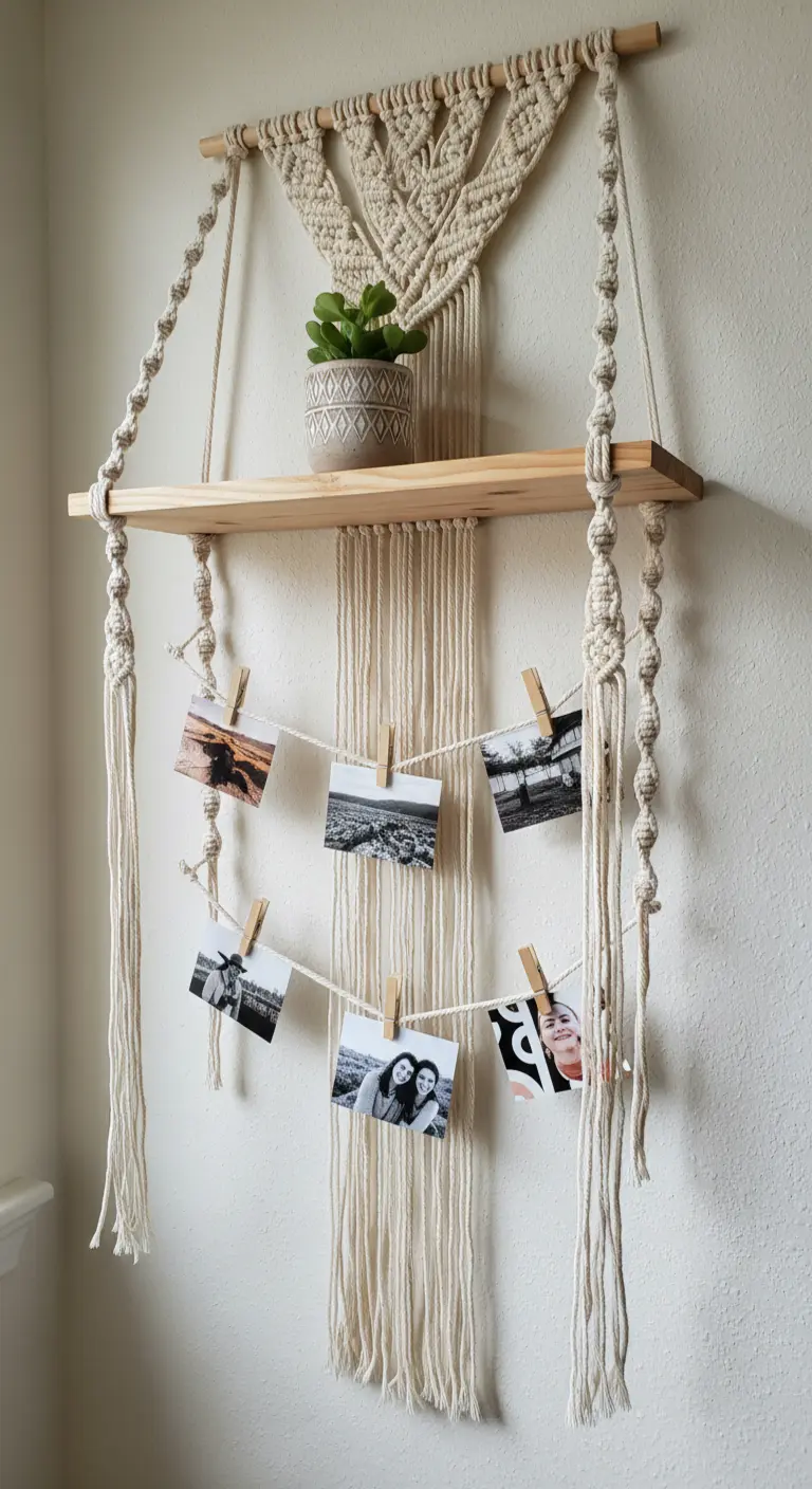 Estante de madera colgante de macramé con una pequeña planta y fotos colgadas debajo.