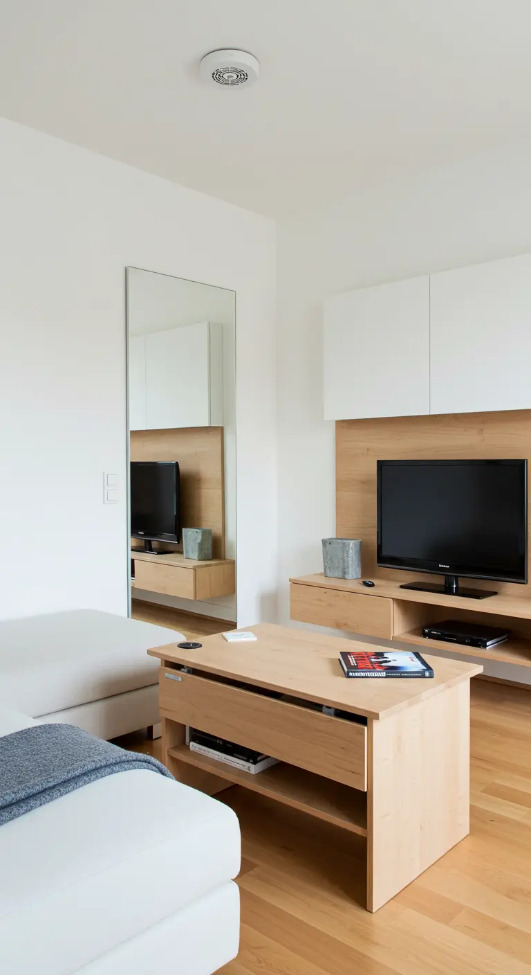 Sala de estar moderna con mueble de TV de madera clara, sofá blanco y un gran espejo de pared.
