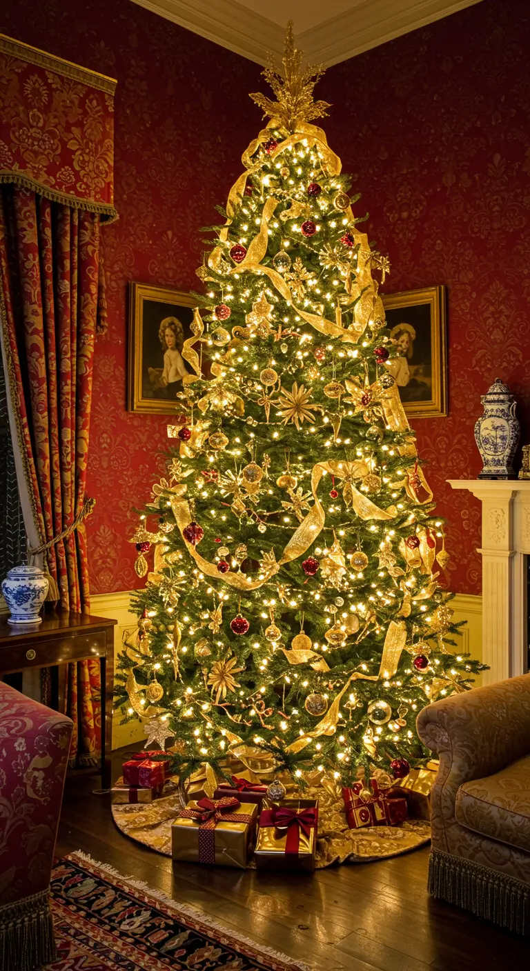 Árbol de Navidad increíblemente denso y brillante, lleno de cintas doradas y adornos rojos.