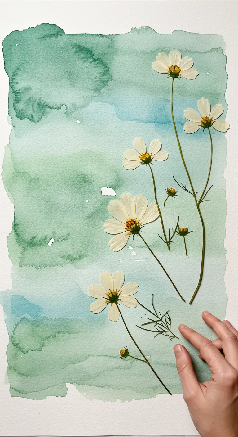 Flores de cosmos blancas prensadas sobre un fondo de acuarela en tonos verdes y azules.