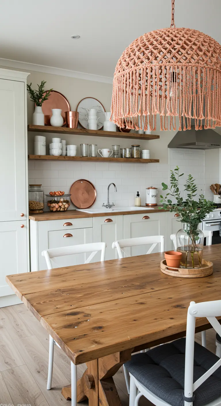 Comedor de cocina con mesa de madera rústica, lámpara de macramé y bandejas de cobre