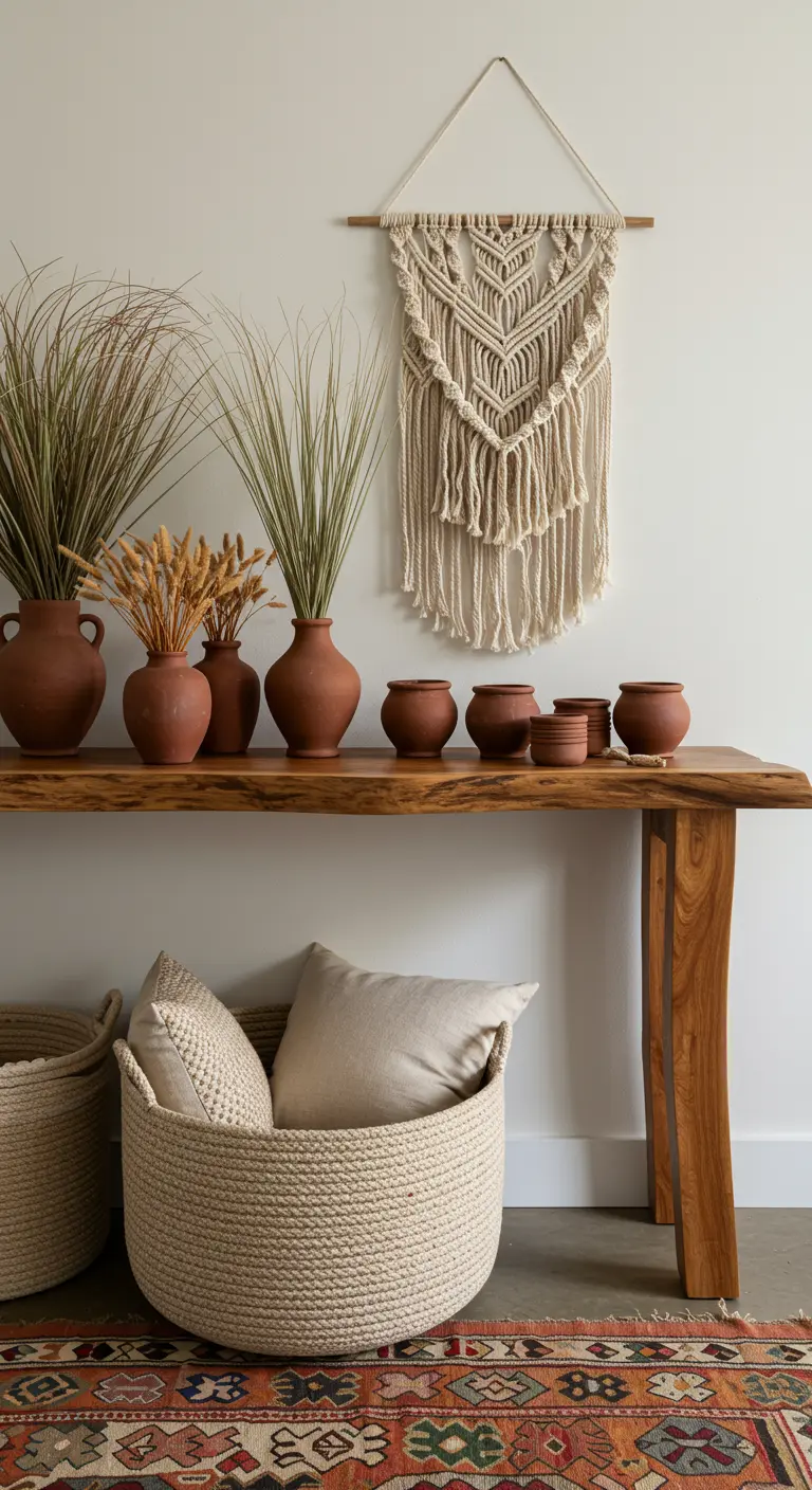 Recibidor bohemio con consola de madera, jarrones de terracota, tapiz de macramé y cesta en el suelo.