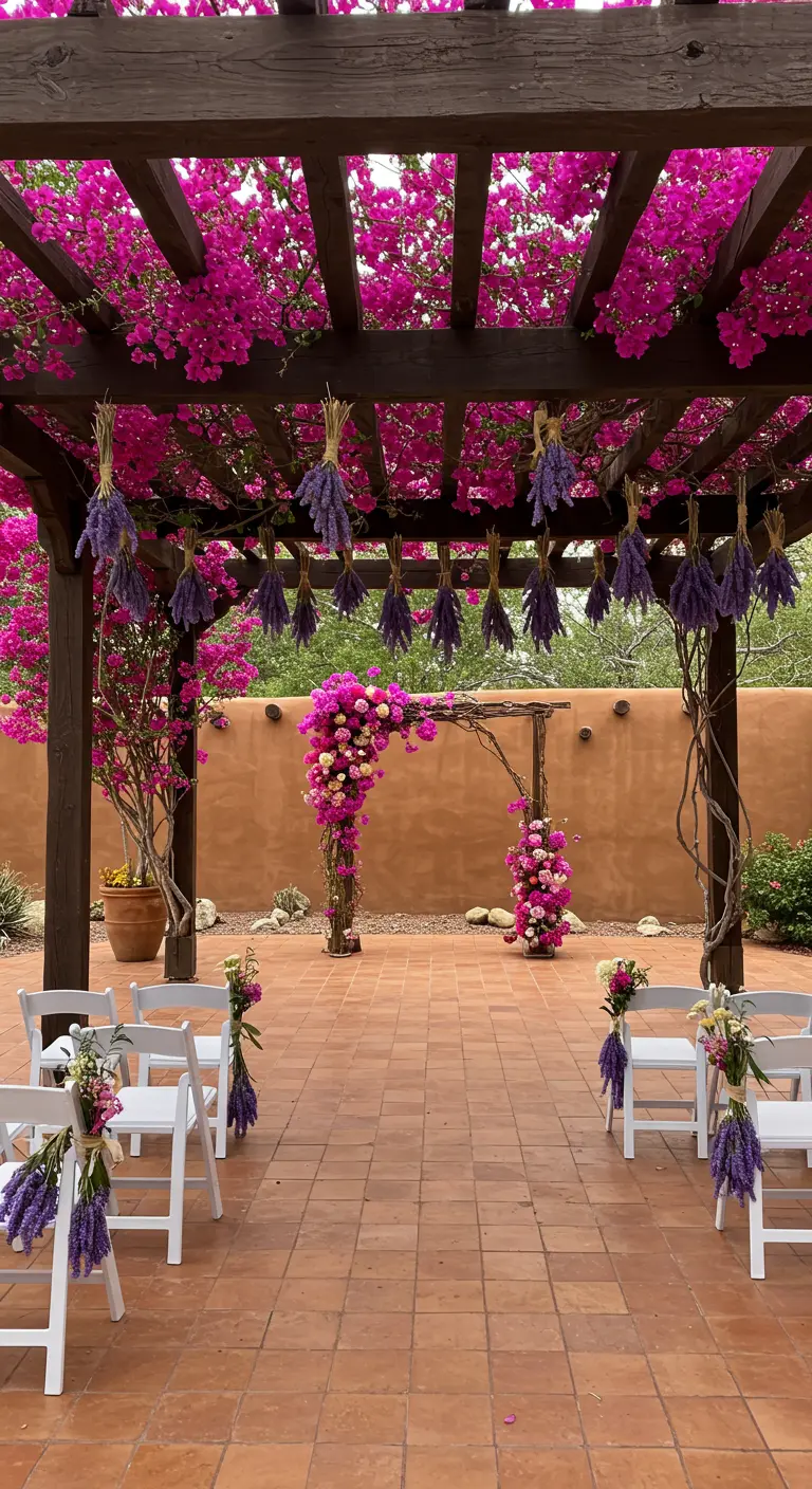 Pérgola de boda cubierta de buganvillas fucsias y ramos de lavanda colgantes.