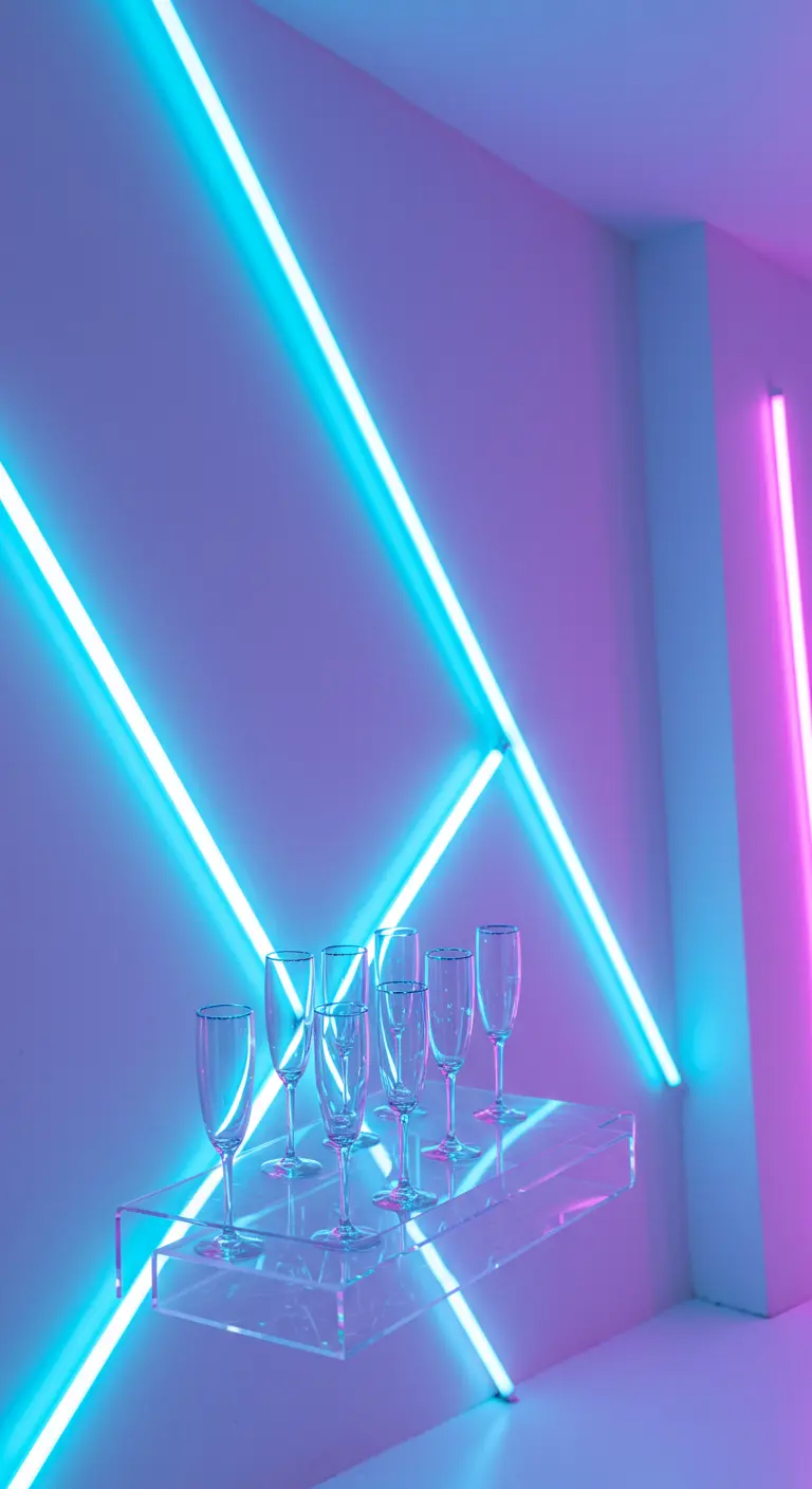 Copas de champán vacías en una estantería de acrílico contra una pared con luces de neón.