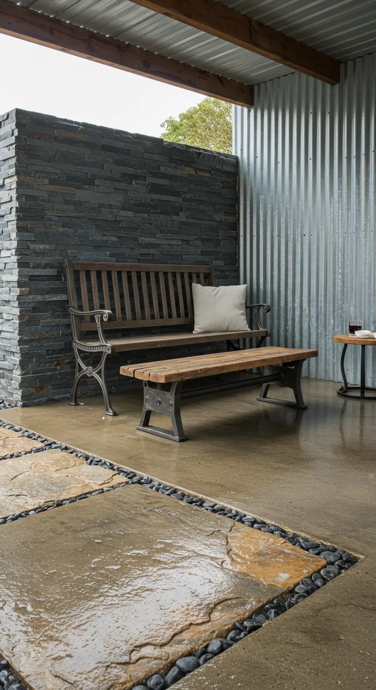 Patio de estilo industrial con pared de pizarra, suelo de hormigón y bancos de madera y metal.