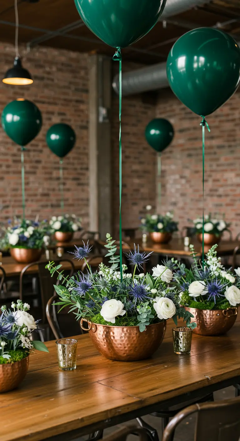 Globos verde esmeralda sobre cuencos de cobre con flores blancas y cardos.