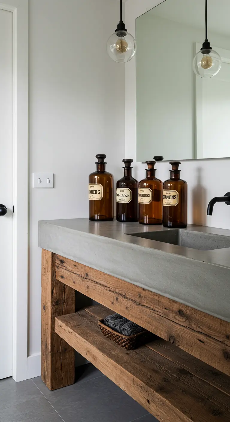 Baño moderno y rústico con encimera de hormigón, base de madera y frascos de farmacia oscuros