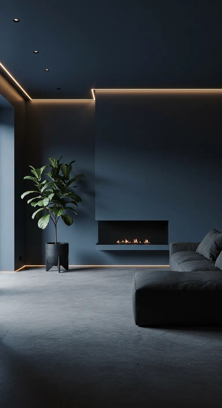 Sala minimalista azul oscuro con iluminación LED indirecta en el techo y la pared.
