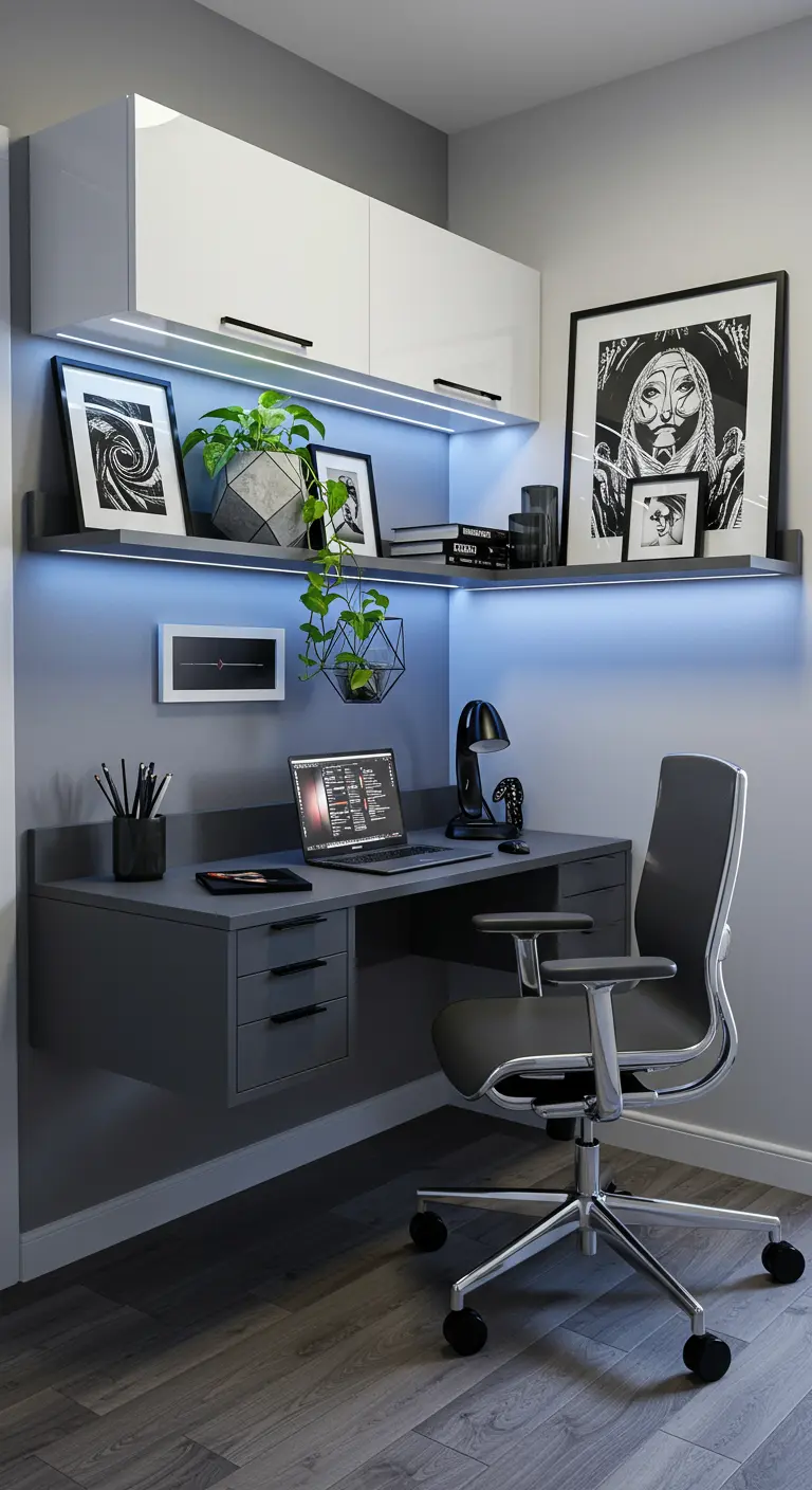 Oficina moderna en una esquina con muebles grises, iluminación LED azul y arte en blanco y negro.