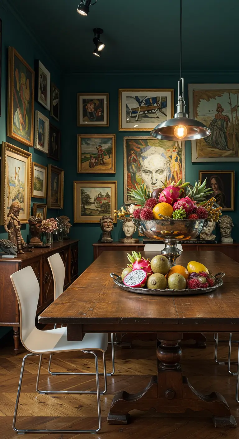 Comedor ecléctico con bandejas de plata con frutas exóticas como pitahayas y lichis.