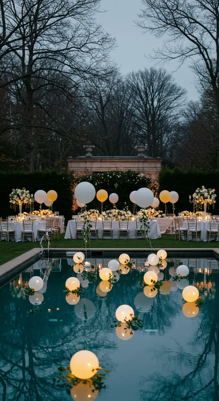 Elegante recepción junto a la piscina con globos blancos y dorados flotando en el agua.