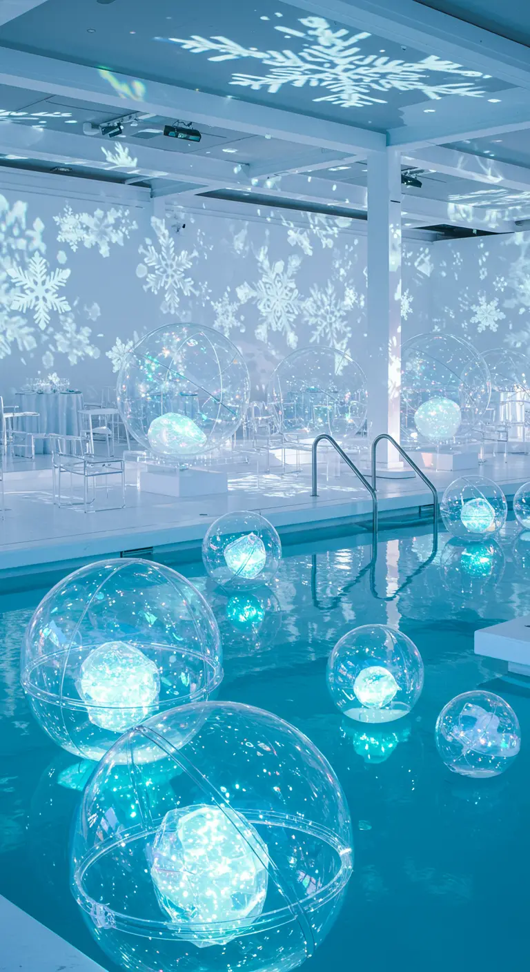 Piscina interior con globos burbuja transparentes y luces, con copos de nieve proyectados.