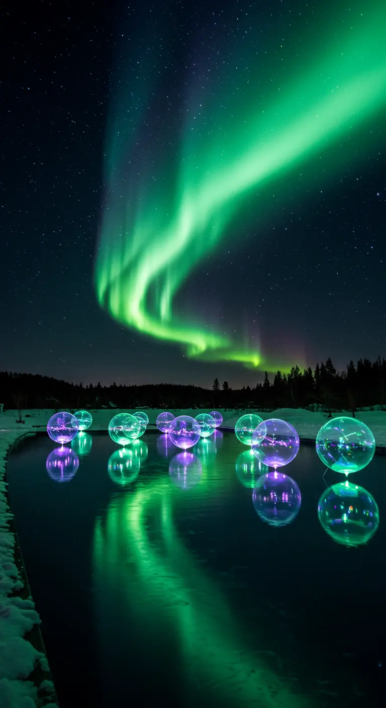 Globos LED de colores flotan en un estanque bajo una espectacular aurora boreal.