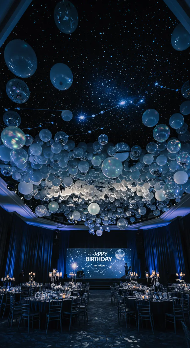 Techo oscuro con estrellas proyectadas y cubierto de globos transparentes y blancos.