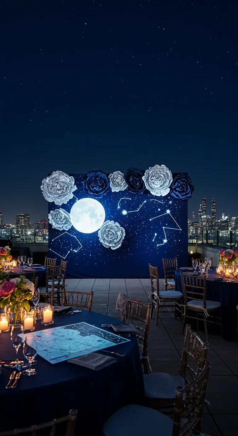 Fondo de cielo nocturno con luna y flores de papel en una azotea con vistas a la ciudad.