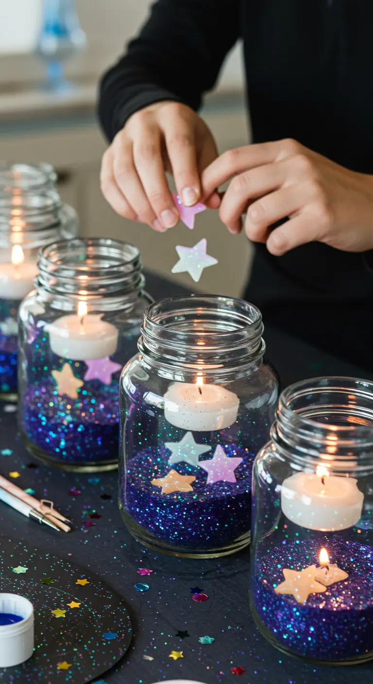 Persona añadiendo estrellas de confeti a un frasco lleno de purpurina azul y una vela flotante.