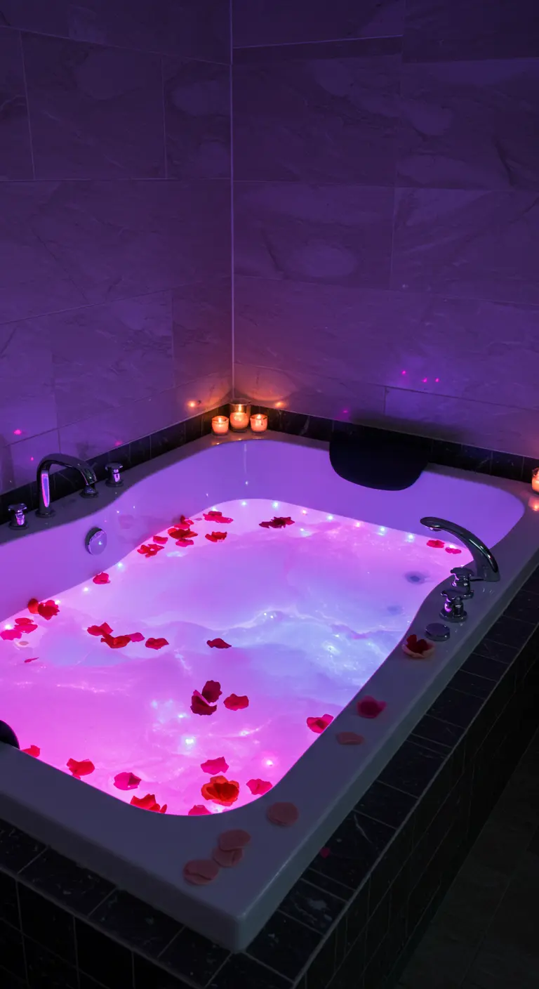 Bañera de hidromasaje iluminada con luces LED de color rosa y morado en un baño oscuro.