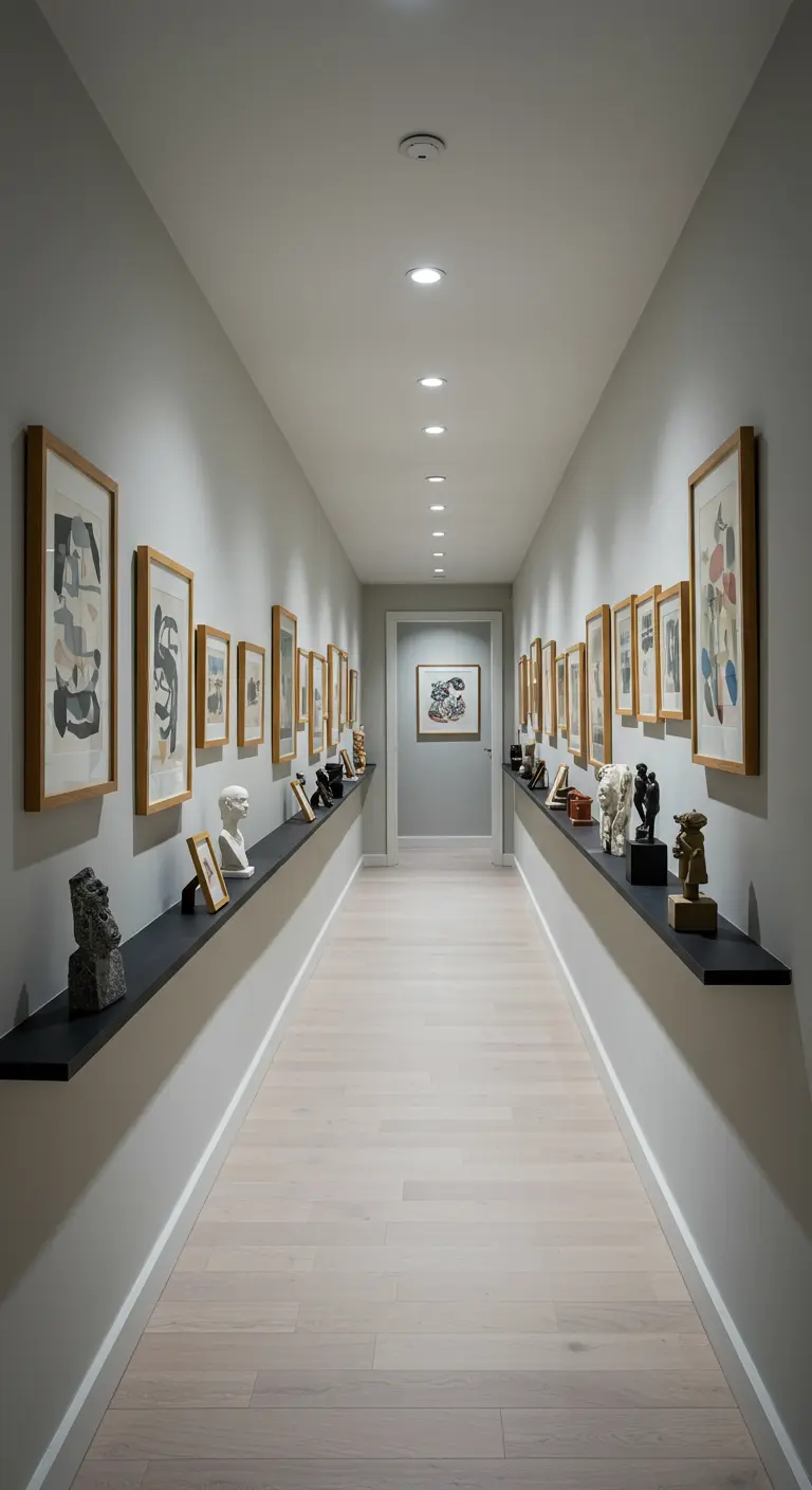 Pasillo largo y estrecho con estanterías flotantes negras a media altura para arte.