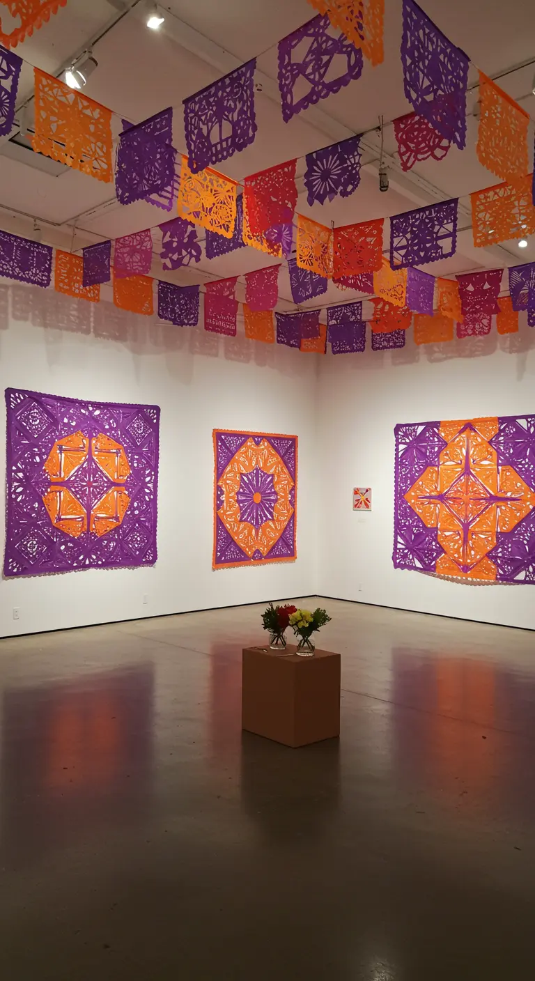Galería de arte con paredes blancas y un techo cubierto de papel picado morado y naranja.