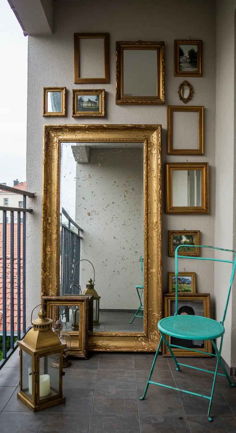 Pared de balcón con un gran espejo envejecido rodeado de marcos dorados vacíos.