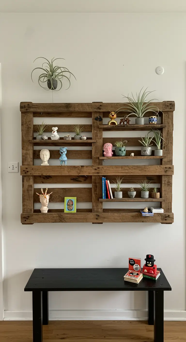 Estantería de pared hecha con palets de madera para exhibir plantas de aire y objetos decorativos.