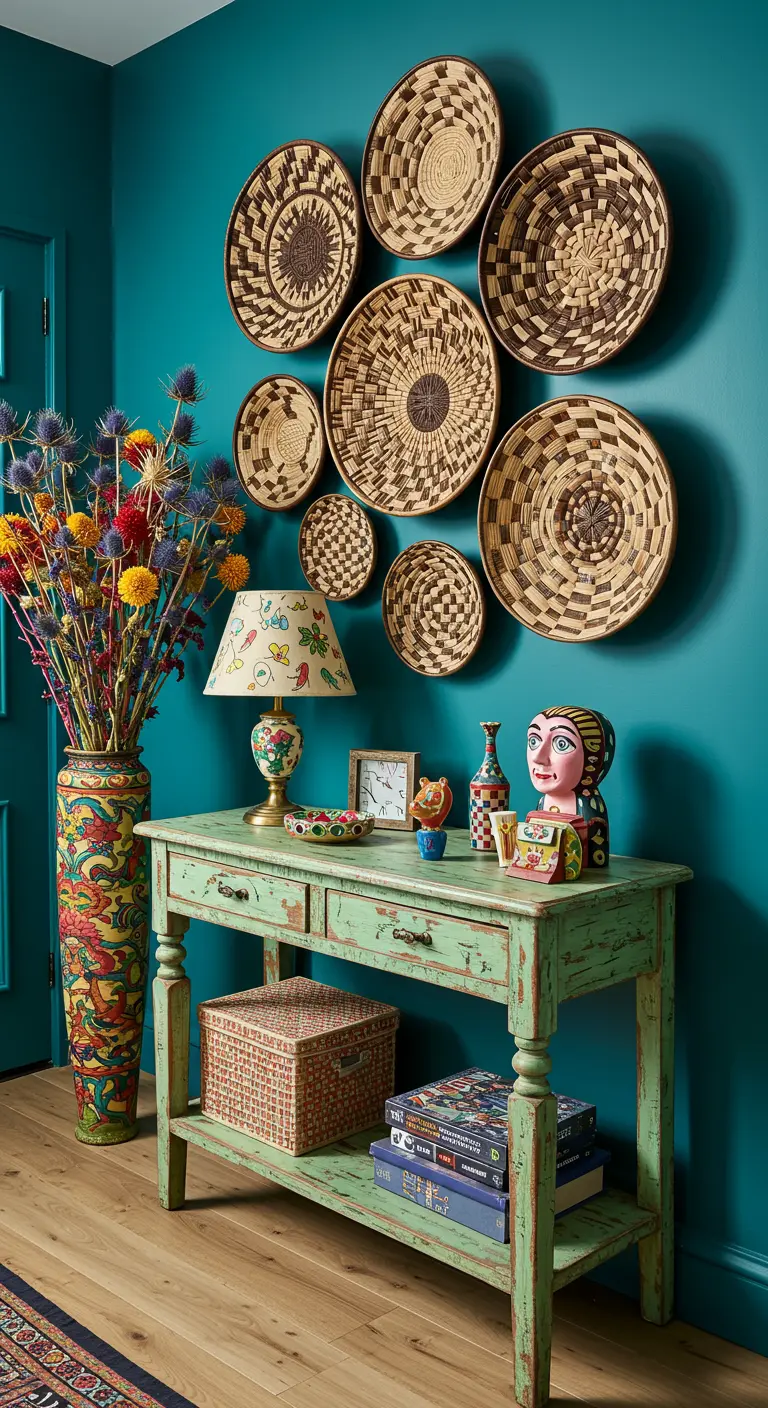 Pared azul decorada con una composición de cestas tejidas sobre una consola verde de estilo ecléctico.