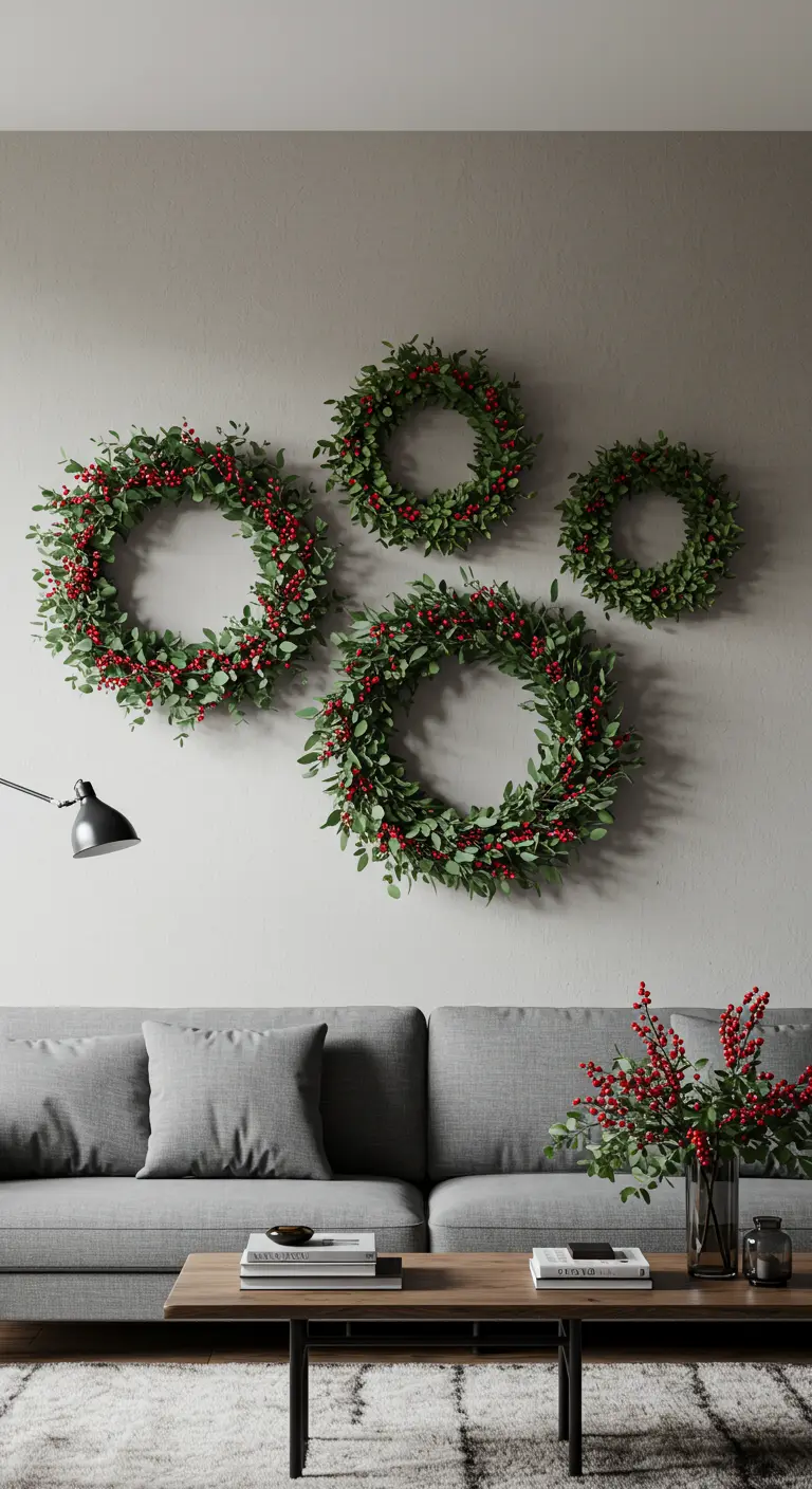 Pared de salón con cuatro coronas de eucalipto de diferentes tamaños sobre un sofá gris.