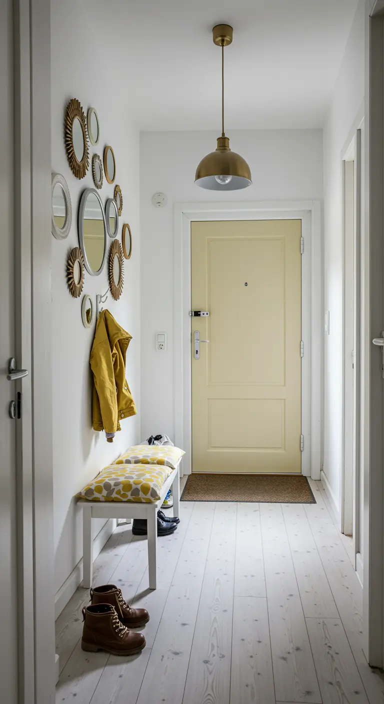 Composición de varios espejos pequeños y redondos de estilo sol en la pared de un recibidor.