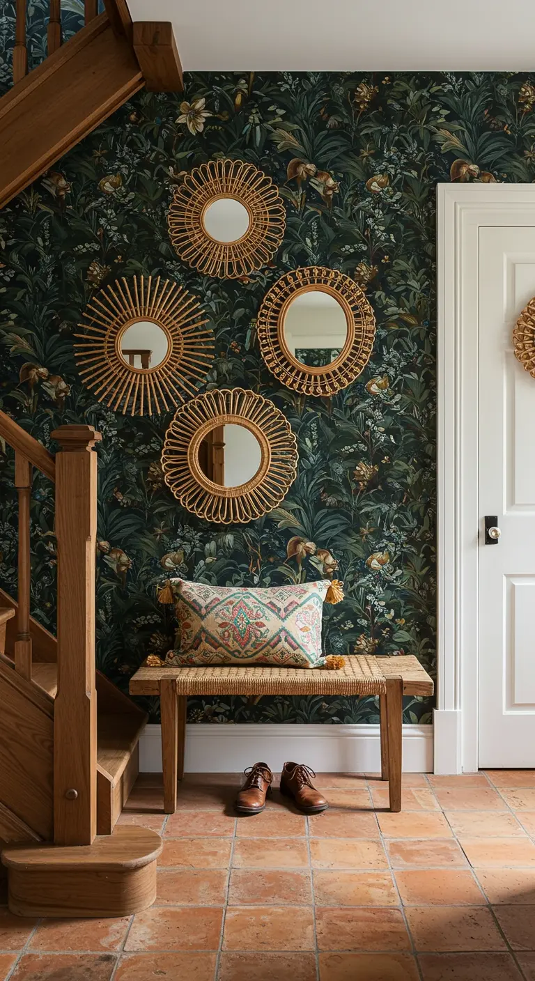 Rincón bajo escalera con papel tapiz de jungla y una composición de varios espejos de ratán.