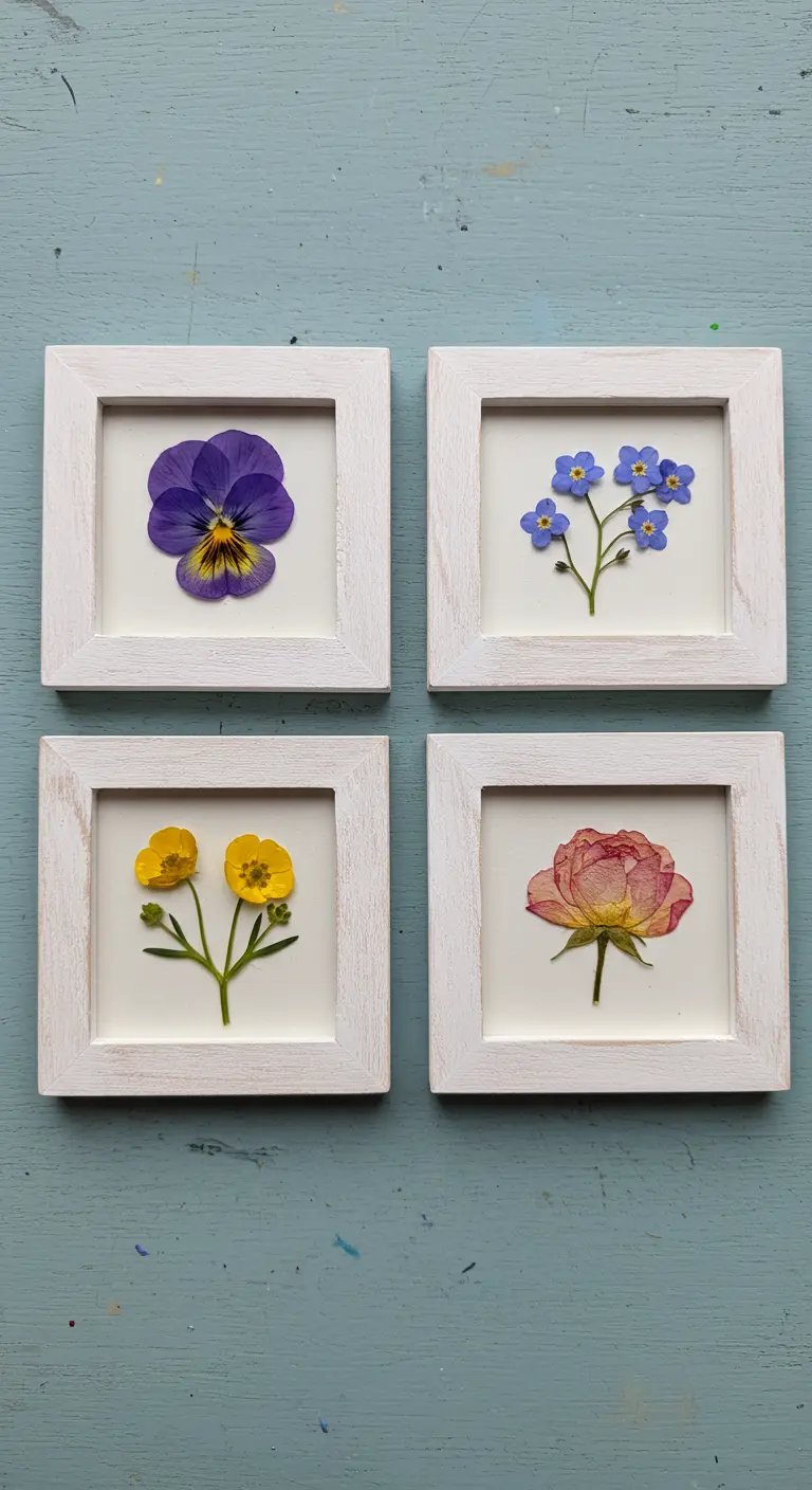 Cuatro pequeños cuadros blancos con diferentes flores prensadas: un pensamiento, nomeolvides, ranúnculo y rosa.