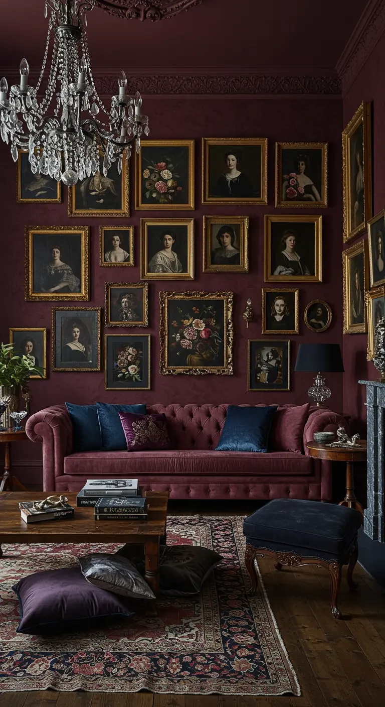 Sala de estar borgoña con una pared de galería llena de retratos y un sofá de terciopelo.