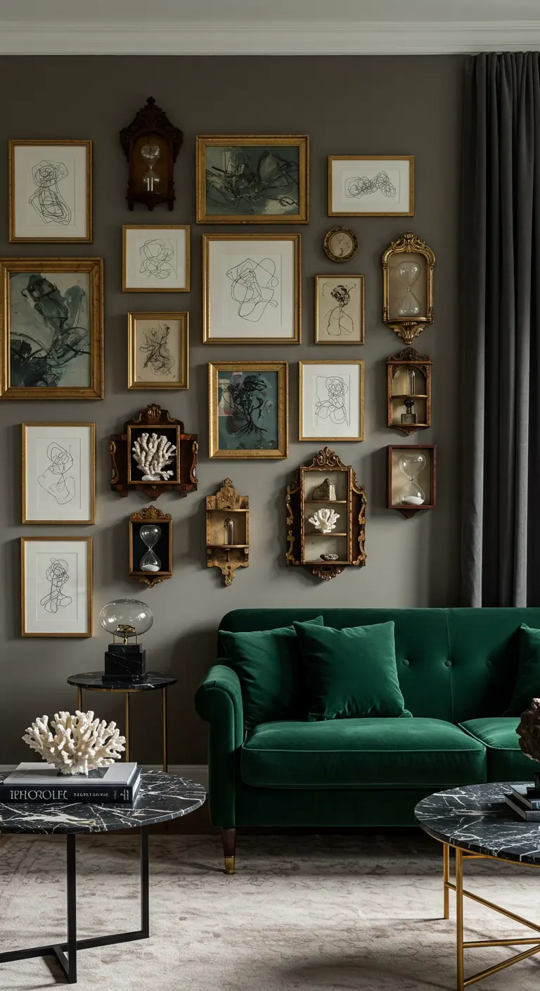 Pared de galería con marcos dorados y pequeñas estanterías vintage exhibiendo objetos.