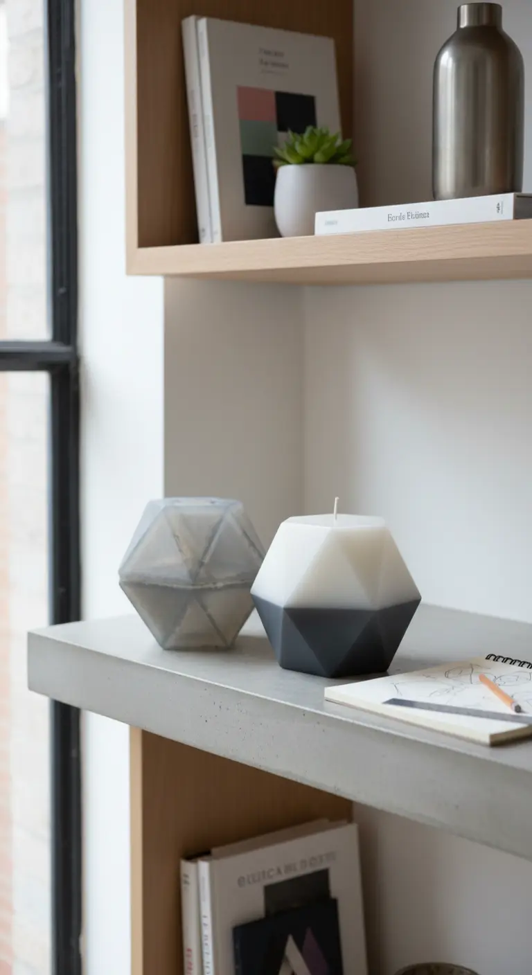 Vela hexagonal casera con un diseño bicolor en gris oscuro y blanco, sobre una estantería