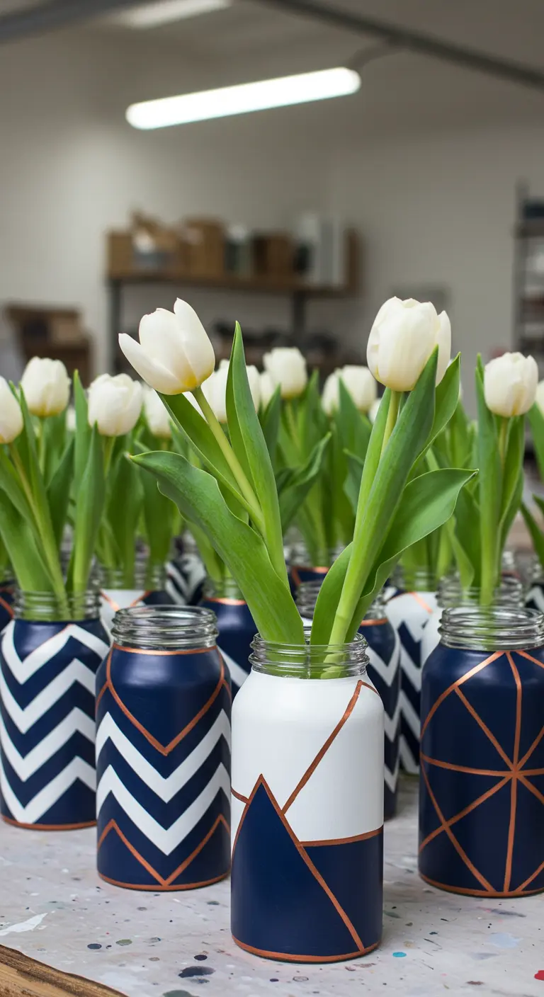 Frascos pintados de blanco y azul con patrones geométricos delineados en color cobre.