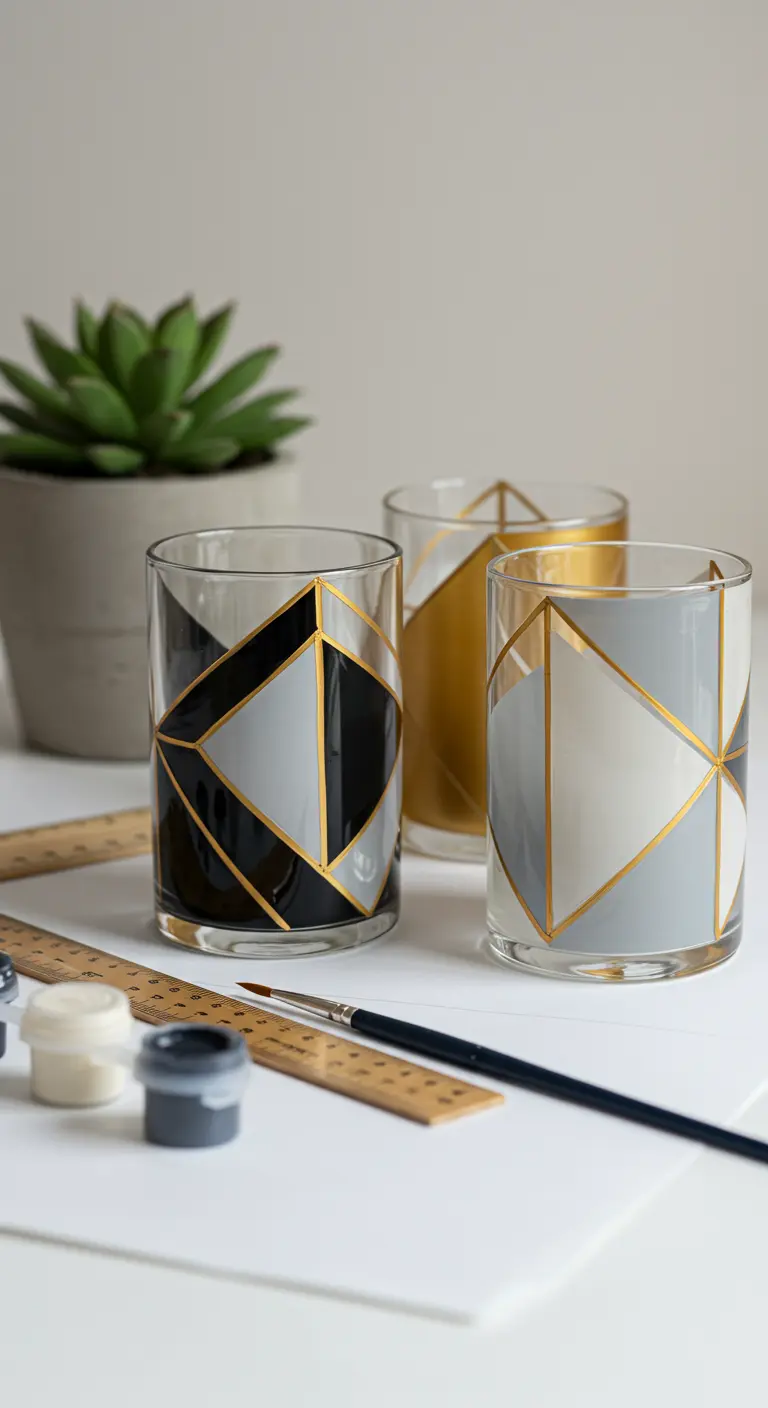 Tres vasos de cristal pintados con un diseño geométrico en negro, gris y dorado.