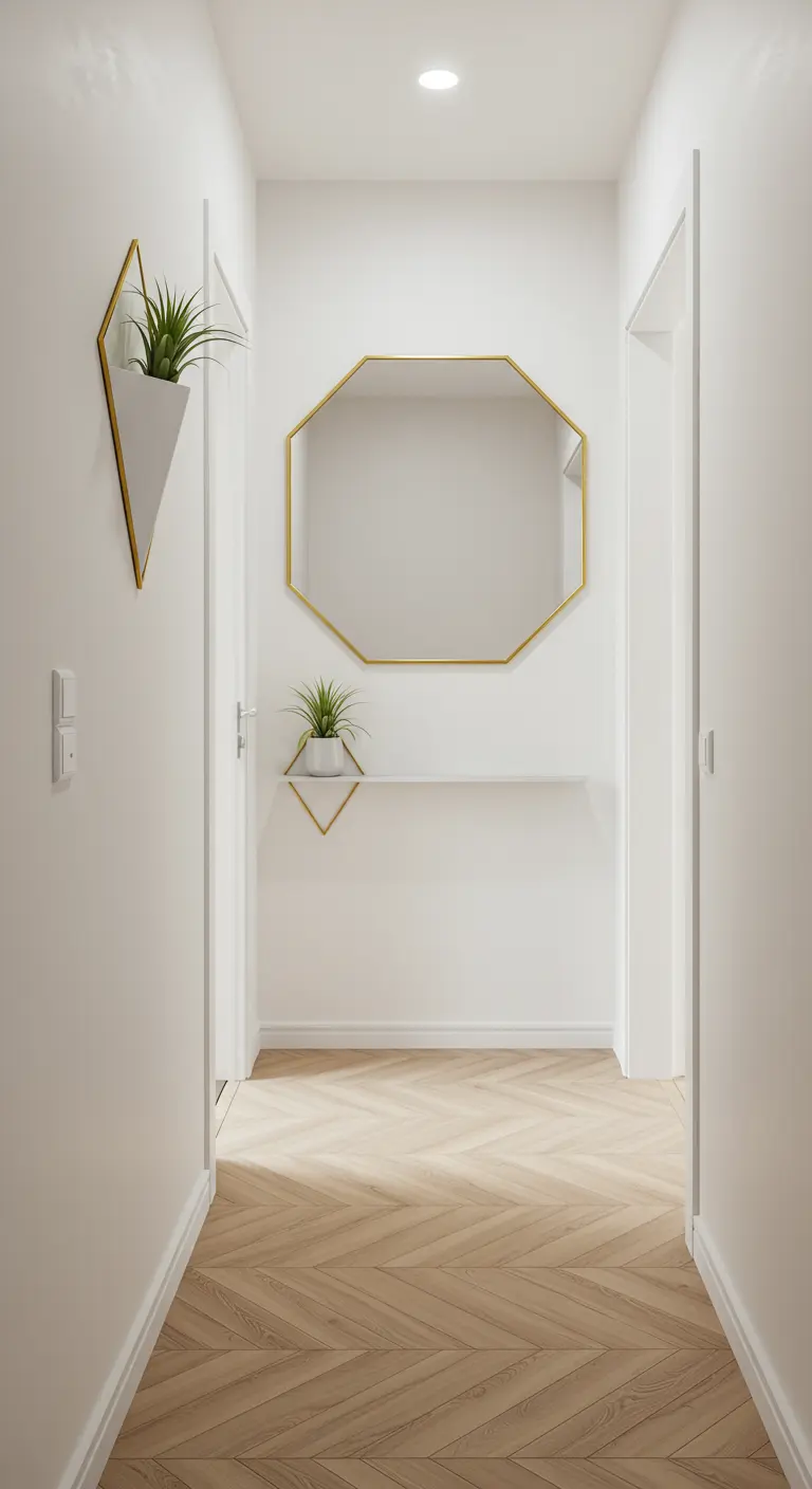 Pared de entrada blanca decorada con un espejo octogonal dorado y maceteros geométricos a juego.