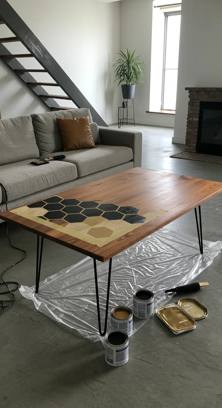 Mesa de centro de madera con un patrón de hexágonos pintado en negro y dorado.