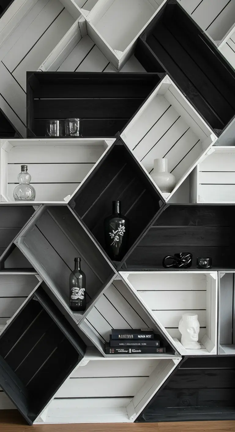 Pared decorada con cajas de madera blancas y negras colocadas en diagonal, creando un patrón geométrico.