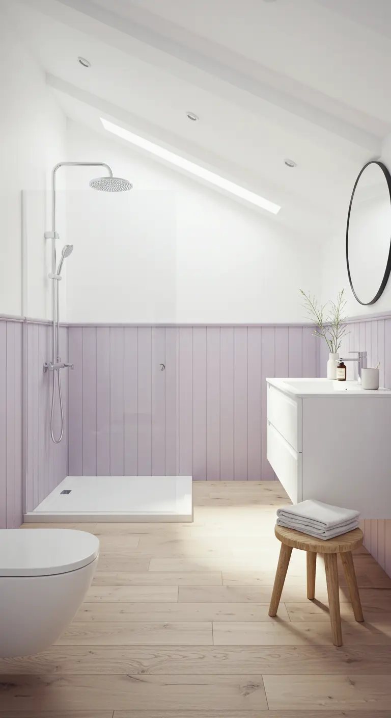 Baño en un ático con friso de lamas verticales en color lavanda y paredes blancas.
