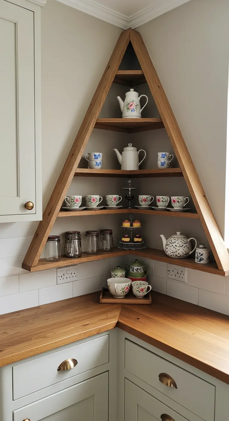 Estantería esquinera de madera en forma de triángulo con juegos de té de porcelana.
