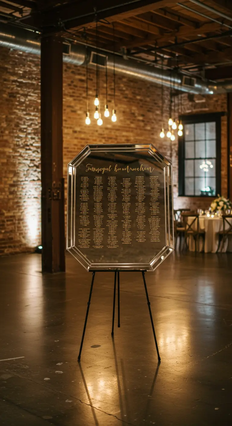 Espejo octogonal en un caballete negro como seating plan en un evento de estilo industrial.