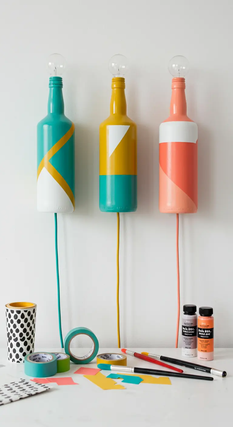 Tres lámparas de pared hechas con botellas pintadas con bloques de color y diseños geométricos.