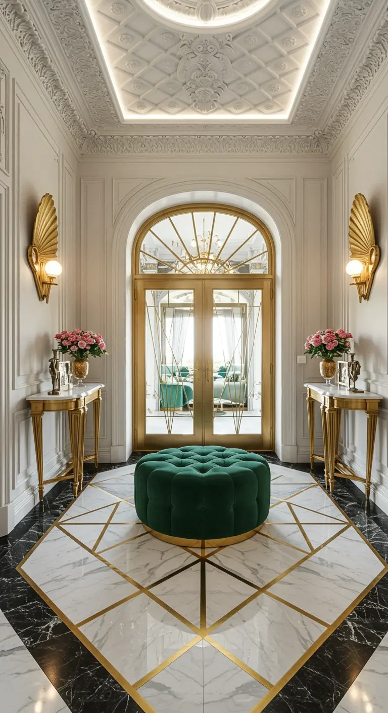 Entrada con suelo de mármol geométrico con detalles dorados y un puf de terciopelo verde esmeralda.