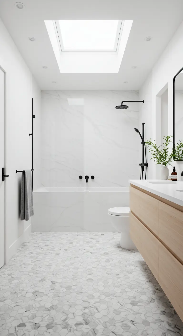 Baño luminoso con suelo de baldosas de mármol hexagonales y grifería negra.