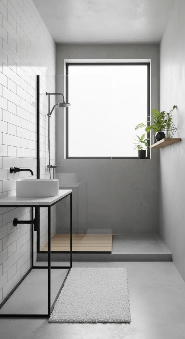 Baño minimalista con azulejos blancos, estructura de lavabo negra y ducha a ras de suelo.