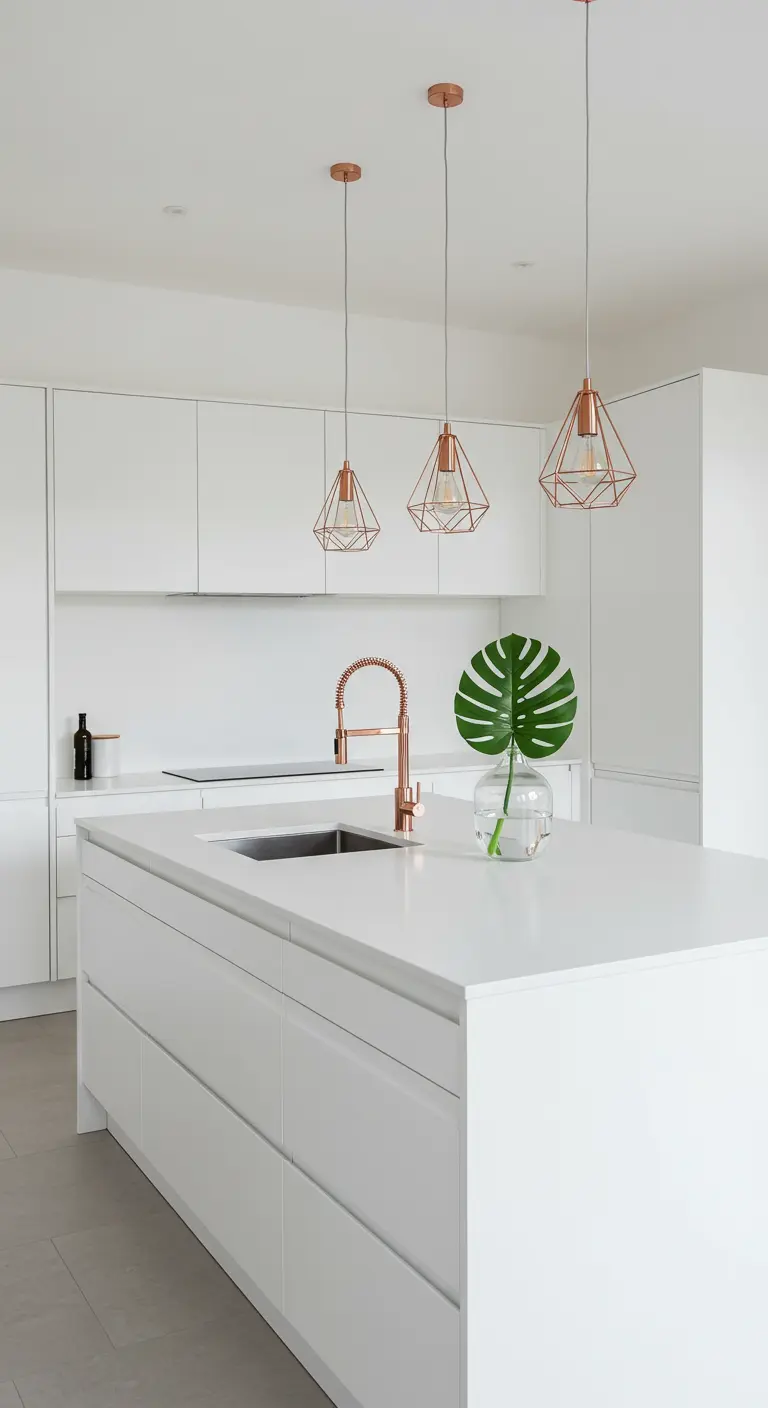 Cocina blanca minimalista con isla, lámparas geométricas y grifo de cobre rosado