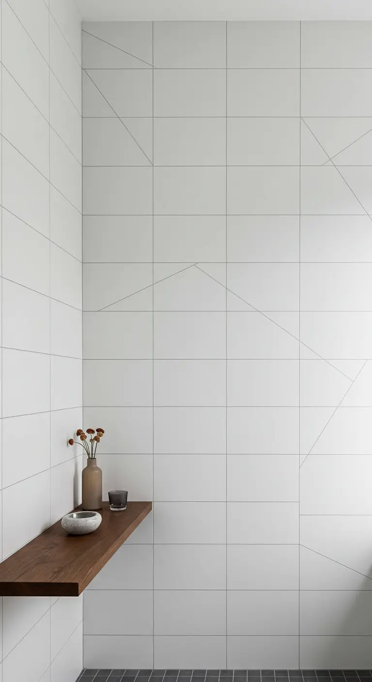 Pared de baño con azulejos blancos rectangulares y finas líneas geométricas que crean un patrón.