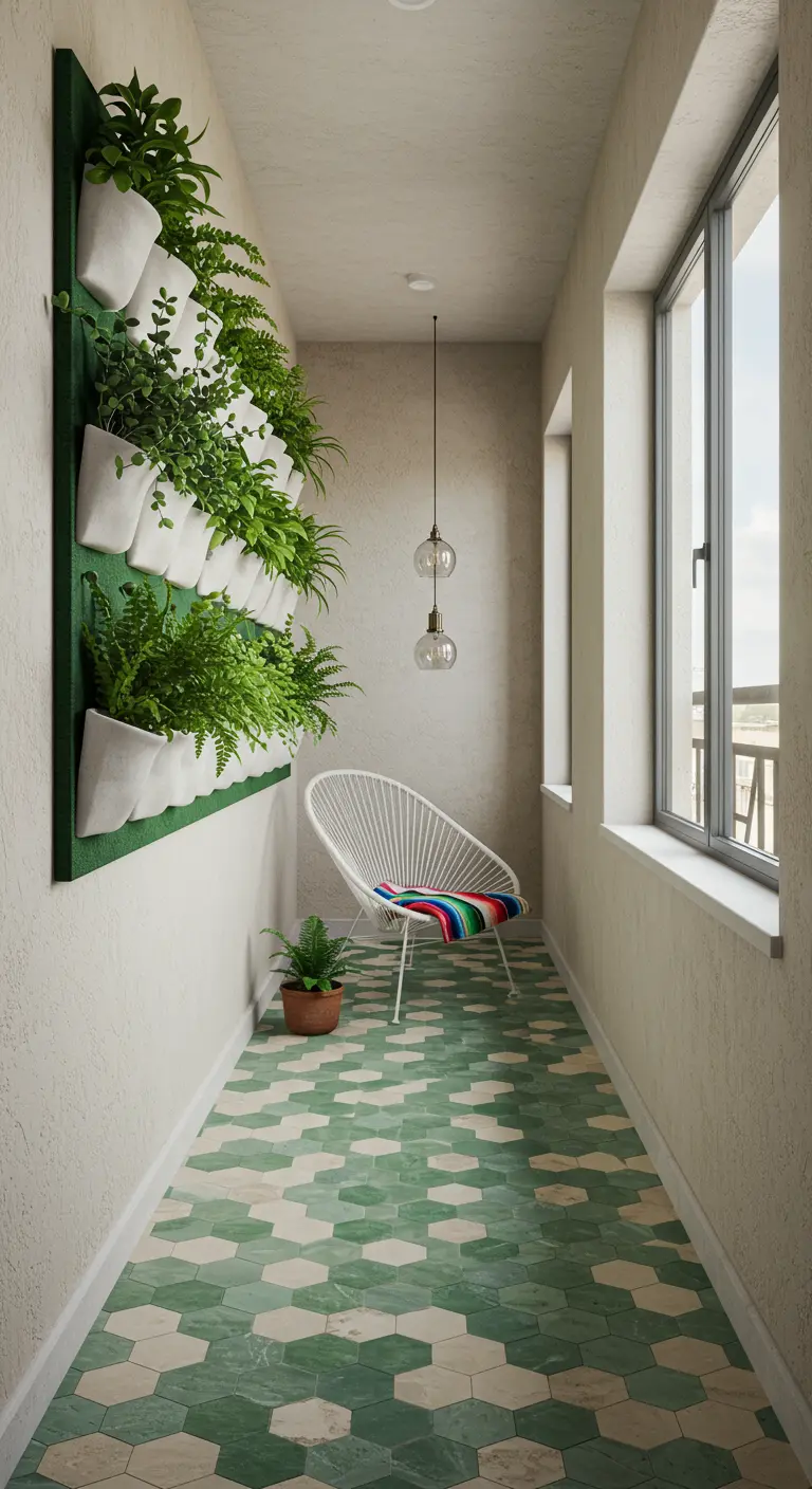 Balcón estrecho y moderno con suelo de baldosas hexagonales y jardín vertical.