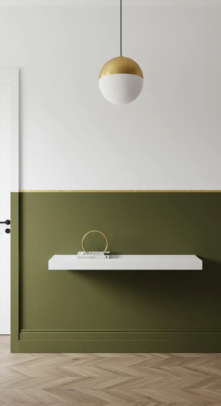 Pared a dos tonos, verde olivo y blanco, con una línea dorada.