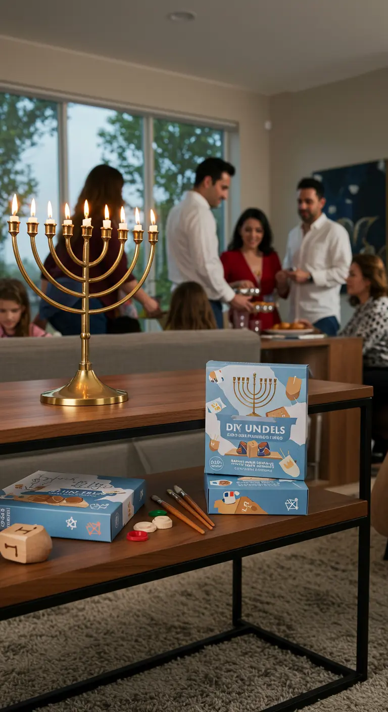 Kits para decorar dreidels en una mesa de centro junto a una menorá de Janucá.